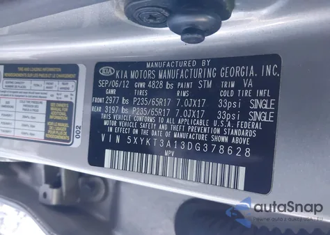 2013 Kia Sorento Lx из США, поврежденный, VIN 5XYKT3A13DG378628